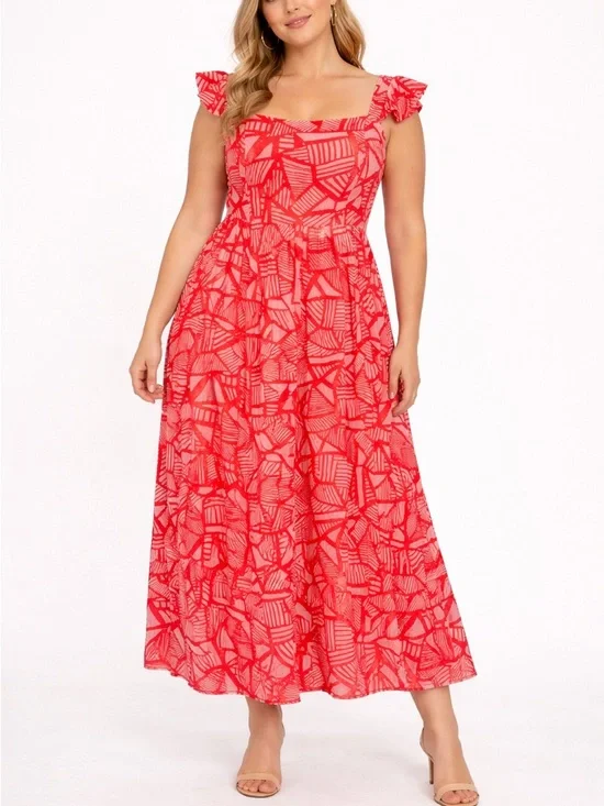 ELOQUII Coral Print Maxi Dress Size 16 Flutter Sleeve Fit Flare Kentucky Derby - Picture 1 of 9